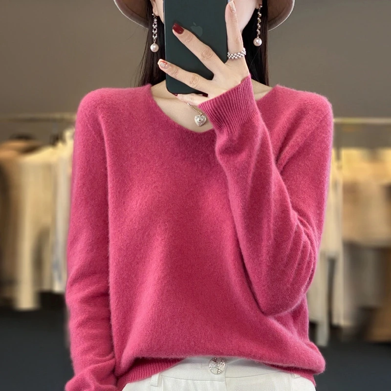 【一线成衣】100%羊毛衫女V色套头针织打底衫秋冬款时尚外穿毛衣
