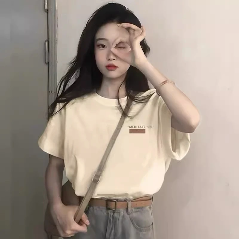 杏色正肩纯棉t恤女短袖2025年夏季新款宽松设计感小众体恤衫上衣