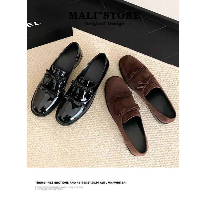 韩版新款蝴蝶结乐福鞋女圆头2024秋季深口单鞋通勤舒适方跟低帮鞋