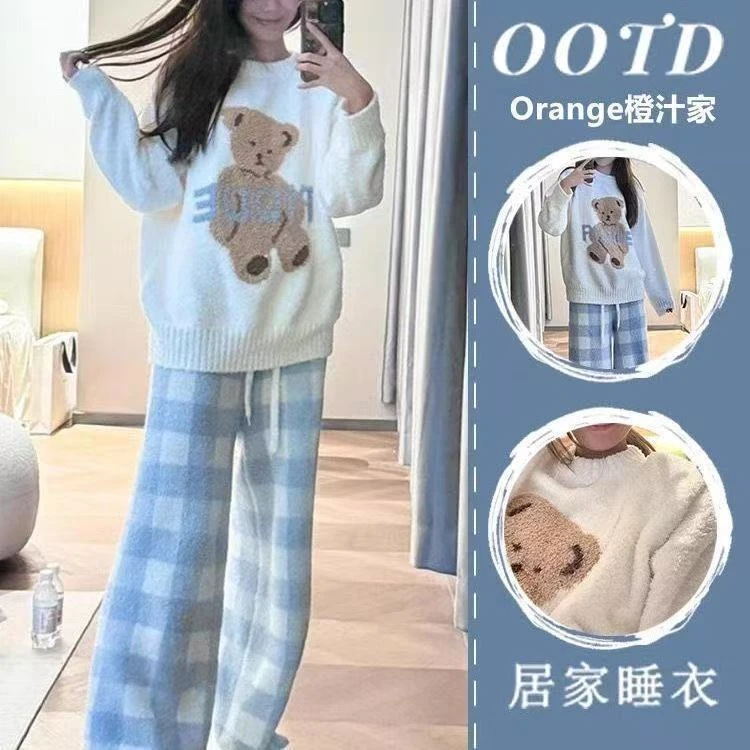 珊瑚绒可爱小熊睡衣女秋冬季加绒加厚保暖半边绒家居服套装可外穿