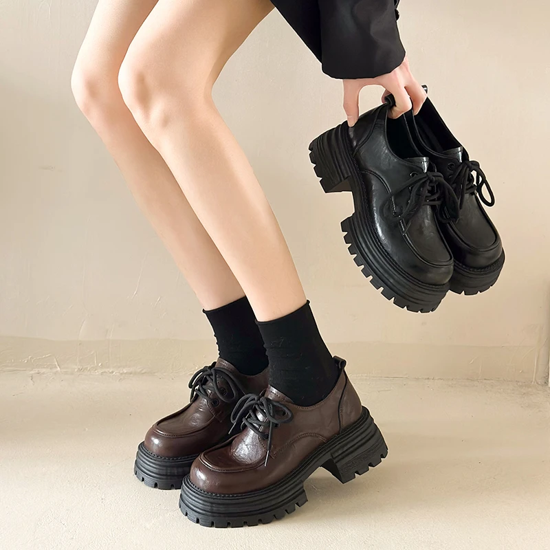 新款粗跟厚底增高英伦风乐福鞋女日系复古爆款百搭女款系带小皮鞋