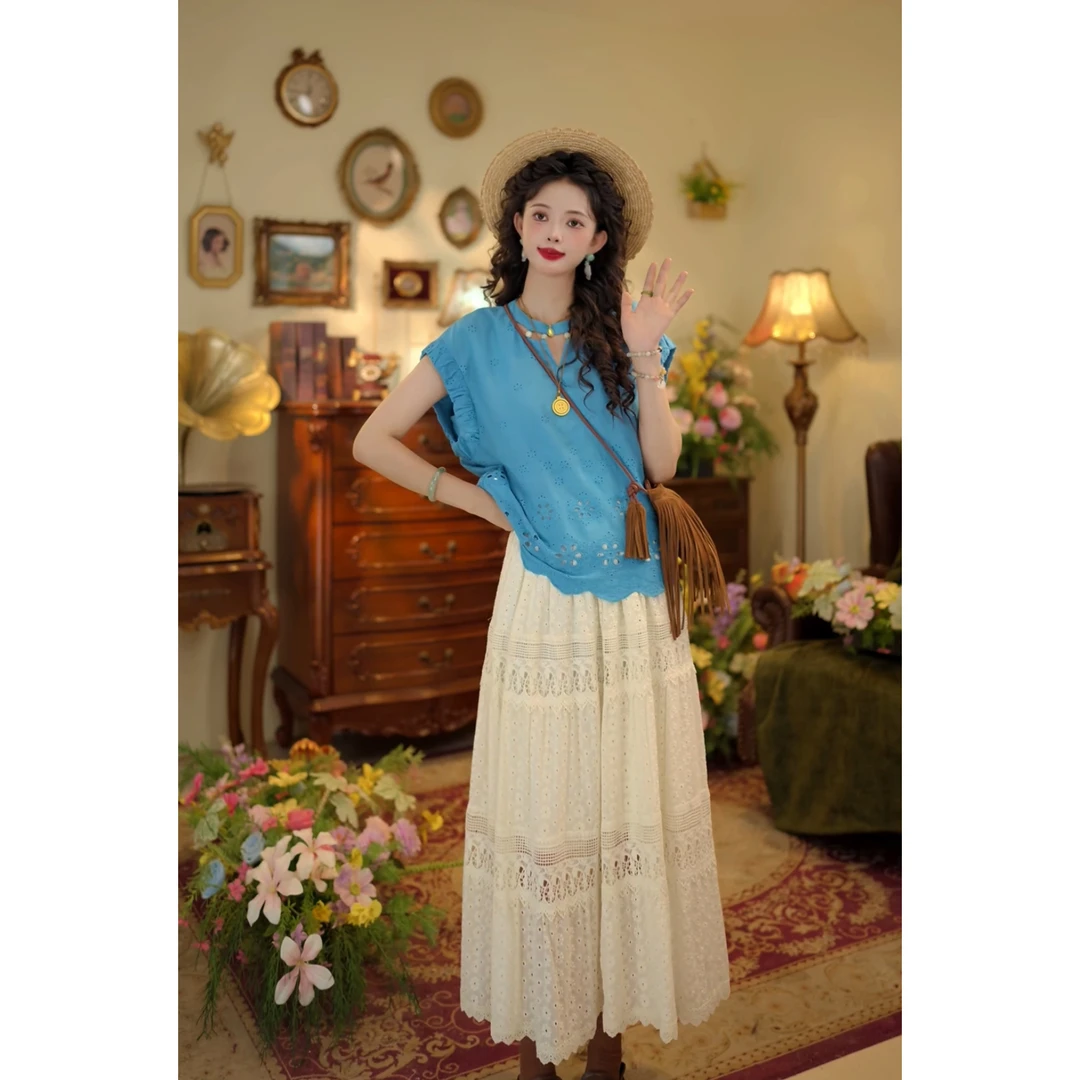 扣子家【莫兰迪】港风复古镂空刺绣衬衫薄款透气上衣KK0726116