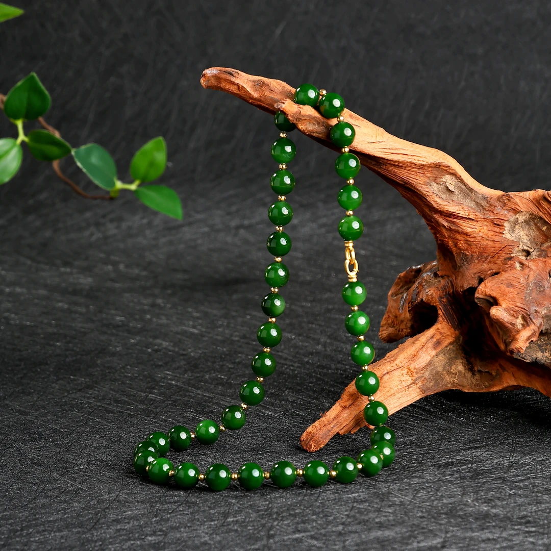 【矿姐珠宝】 和田玉碧玉项链18K金无黑点满天星9-10mm