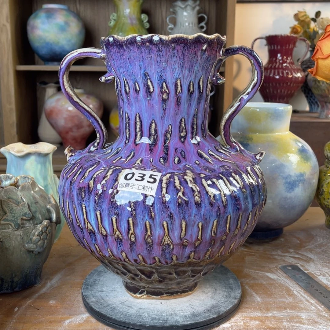 摆件陶瓷花瓶高30.5口径8盘泥微瑕