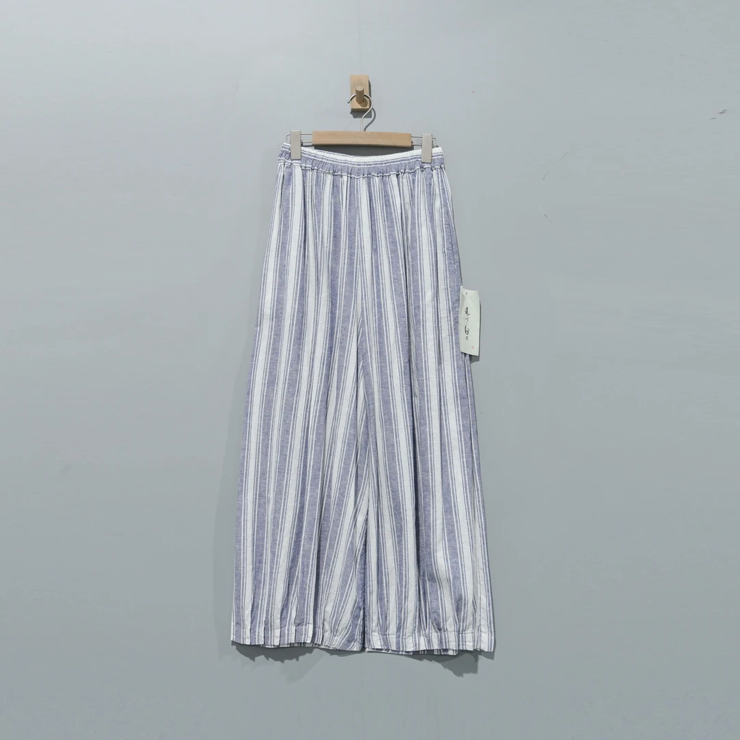 【且听风吟】0210265色织麻棉复古条纹抽绳阔腿裤 裤长91 臀围144