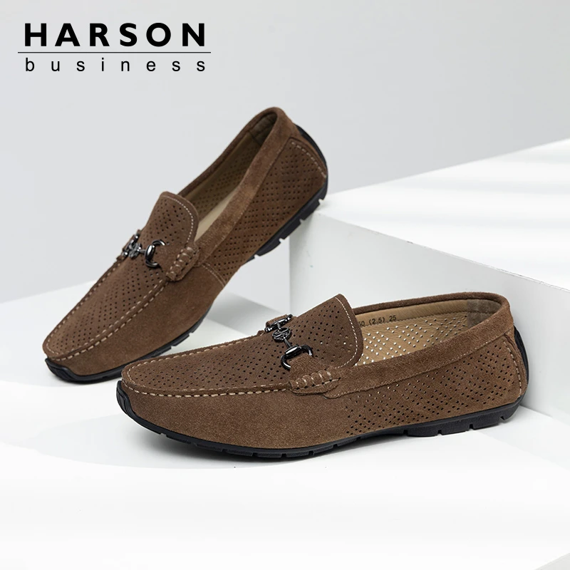 哈森夏季男鞋新款透气一脚蹬豆豆鞋男士商务休闲皮鞋真皮爸爸凉鞋