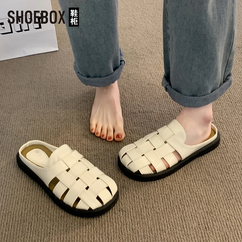 SHOEBOX鞋柜百搭包头拖鞋女2025夏季凉鞋包头编织半拖猪笼鞋子