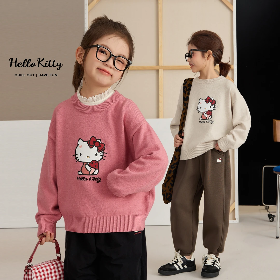 辰辰妈【甜筒猫】女童圆领毛衣Kitty亲子装撞色保暖针织上衣9148DH