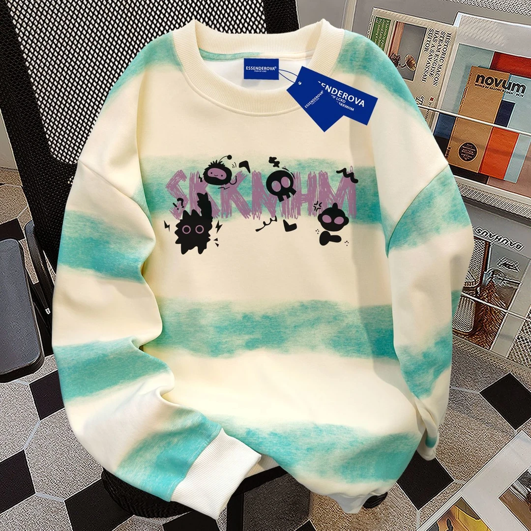 韩系休闲宽松显瘦扎染横条休闲圆领卫衣男女秋冬季加绒加厚上衣服