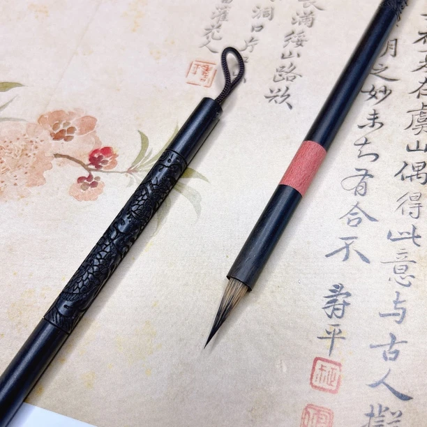 檀木雕龙紫狼毫小楷毛笔出锋1.8口径0.5文增明瘦金体书法绘画通用