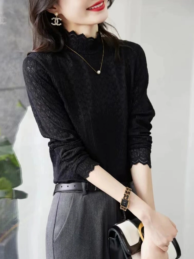 蕾丝气质长袖打底衫女春秋薄款新款时尚洋气黑色网纱内搭上衣213