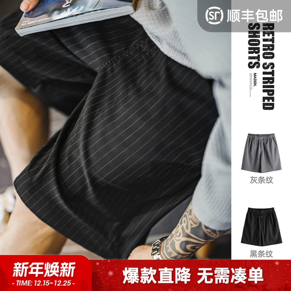 马登工装日系竖条纹灰色西装短裤cityboy松紧腰直筒五分裤男夏季