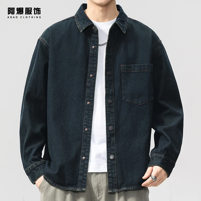 【阿爆服饰】复古酵素水洗牛仔衬衫男秋季日系宽松工装长袖衬衣外套