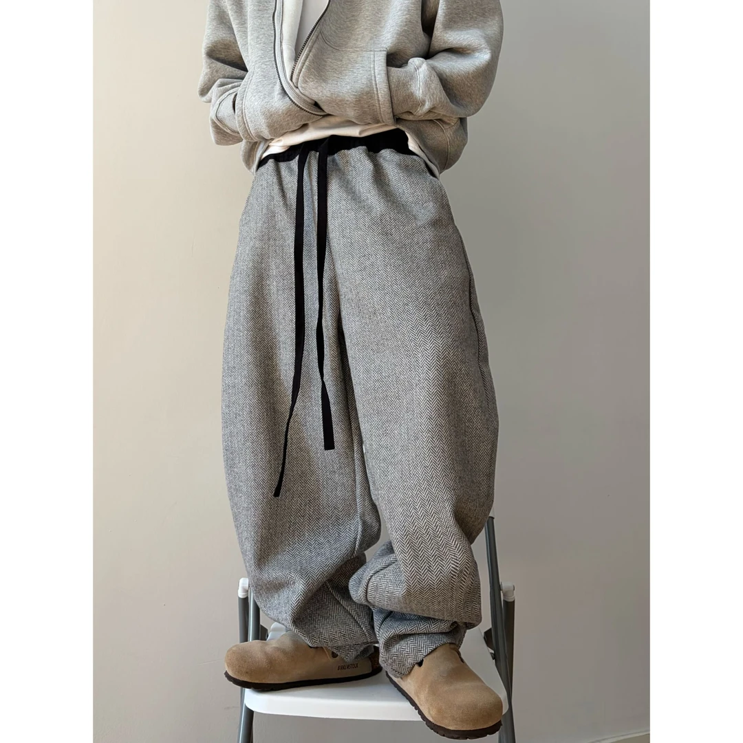 dannyandzee冬季百搭复古灰色羊毛撞色松紧腰人字纹呢料休闲裤324