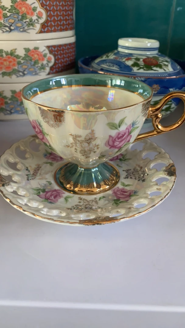 贝壳彩咖啡杯套装，有脱金，中古商品，默认微瑕