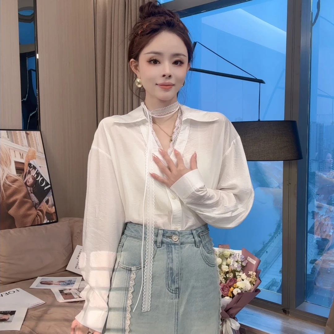 【晓溪服饰】春季上衣女装蕾丝小衫宽松百搭薄款长袖衬衫女6073