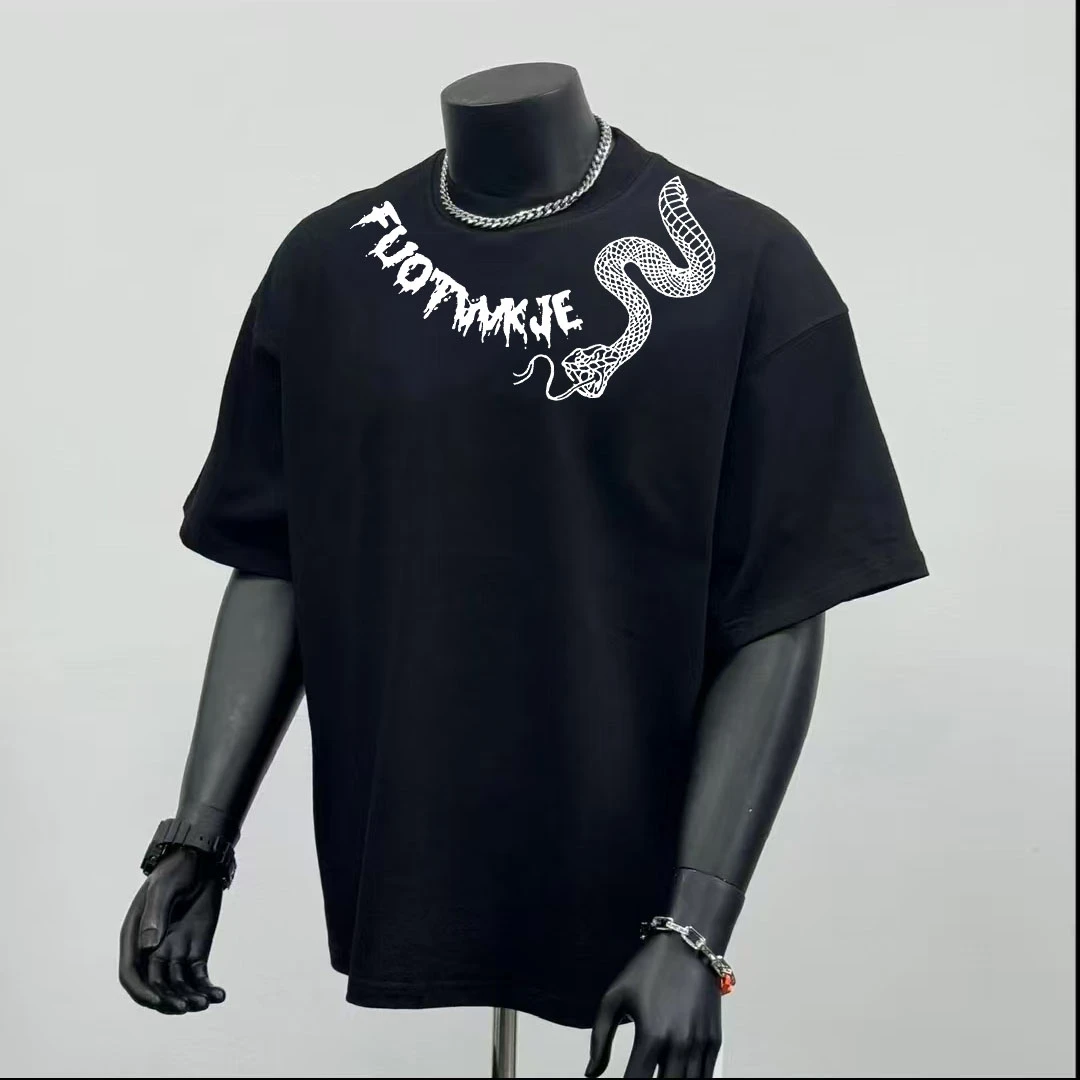 260g重磅纯棉美式蛇年潮流痞帅复古蛇印花男士T恤短袖宽松圆领