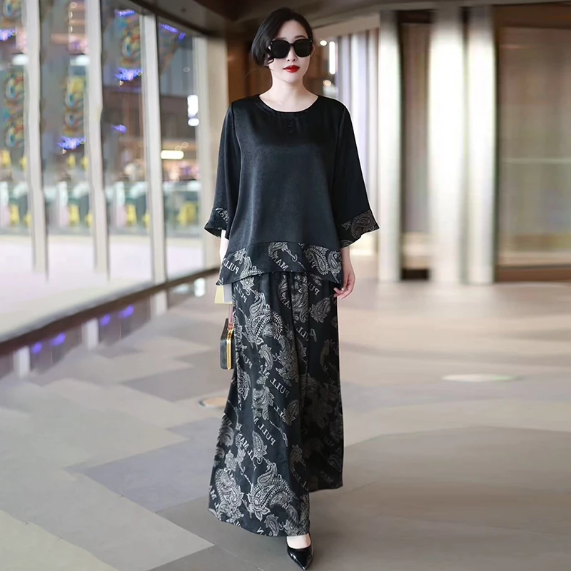 H夏季上新桑蚕丝新中式大码印花上衣宽松阔腿裤减龄显瘦气质套装