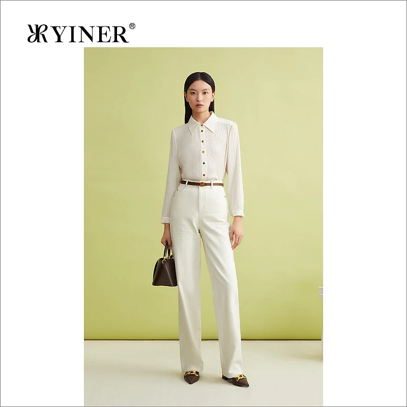 【醋酸系列】YINER音儿2024春季新款竹叶子压褶米白色衬衫