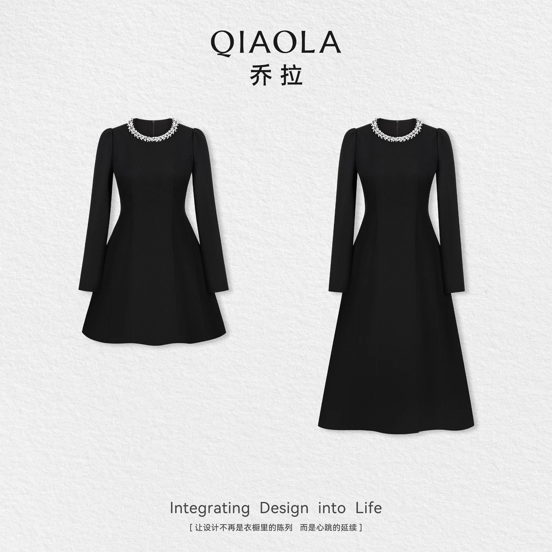 QIAOLA/乔拉【不夜之城】秋季梭织手工钉珠工艺气质感连衣裙