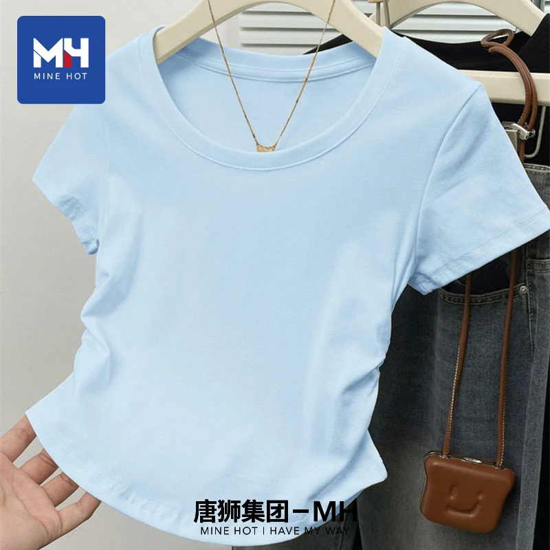 唐狮集团MH抽褶短袖女t恤夏季2025新款爆款正肩修身韩系气质上衣H
