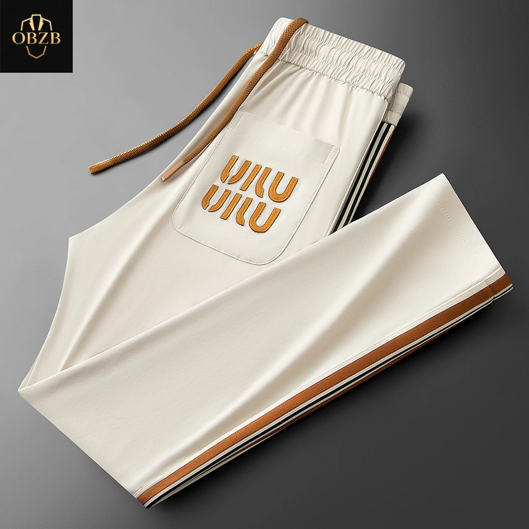 夏季时尚轻薄冰丝速干抗皱运动裤男士撞色拼接休闲裤男款直筒卫裤