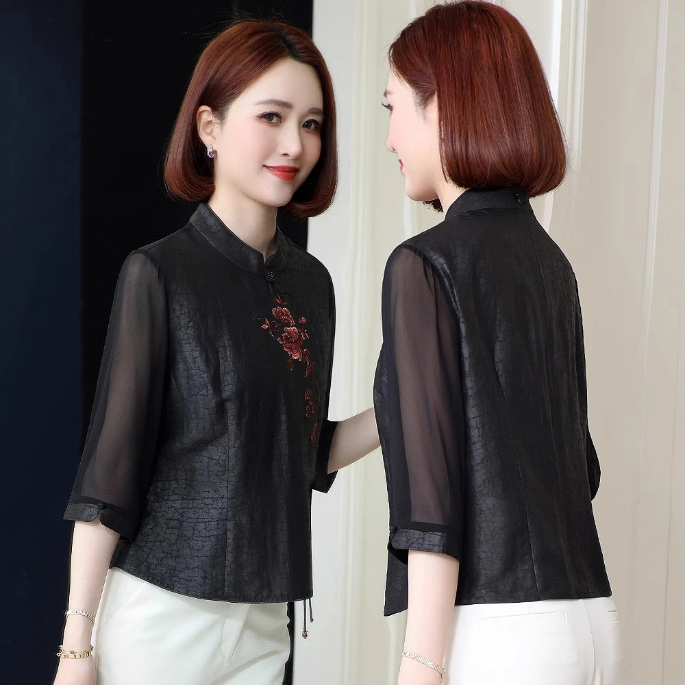 100%桑蚕丝衬衫夏季国风贵夫人上衣女真丝红云纱中老年中式妈妈装