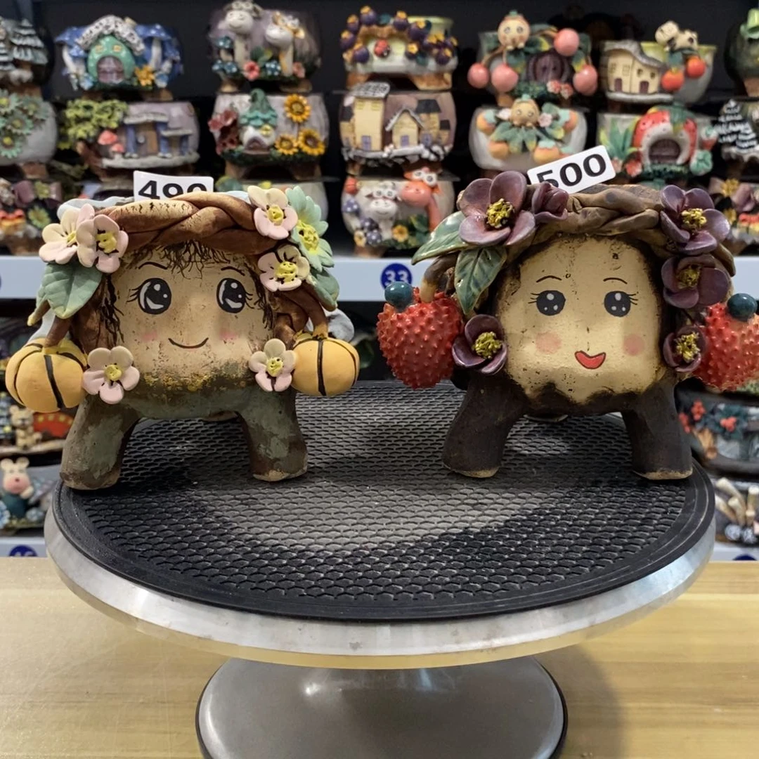 白狐粗陶手捏花盆