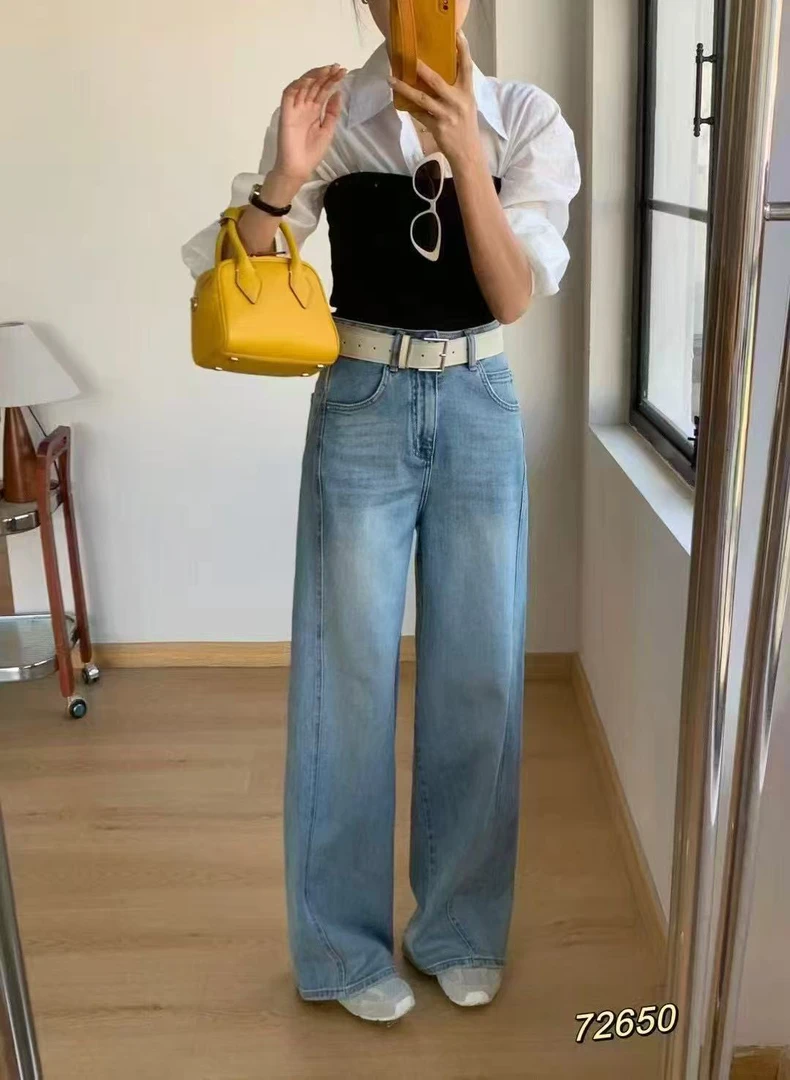 怡怡家新款显瘦高腰复古浅蓝色阔腿牛仔裤65650