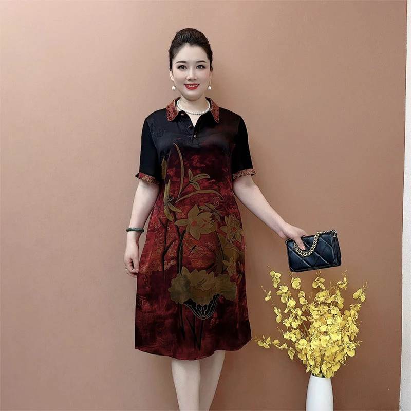 大码气质妈妈连衣裙夏刺绣翻领高档定位花40-50岁显瘦长裙妈妈装