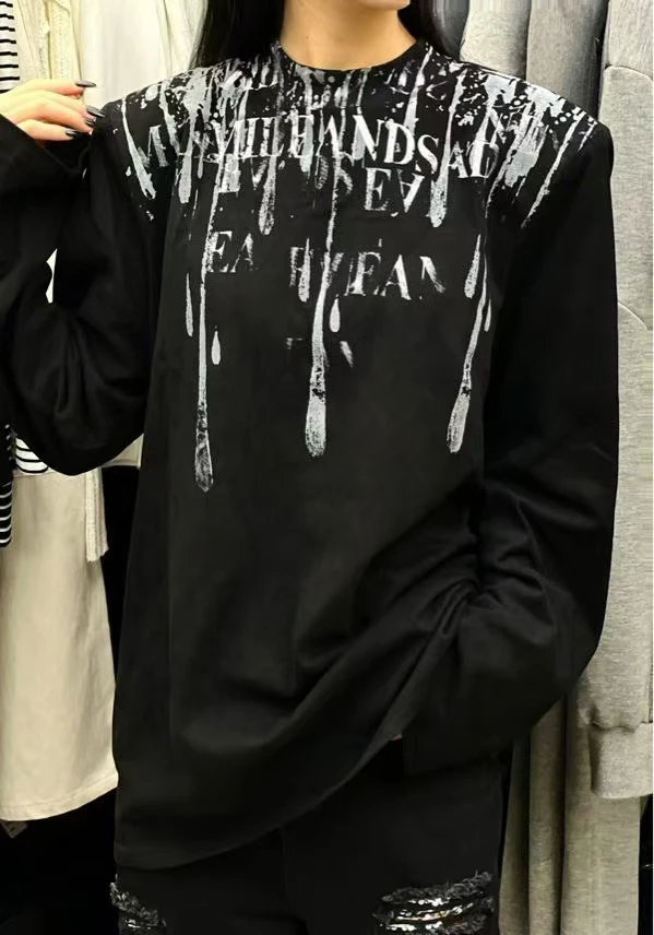 原创设计师款涂鸦字母垫肩时尚潮流休闲上衣