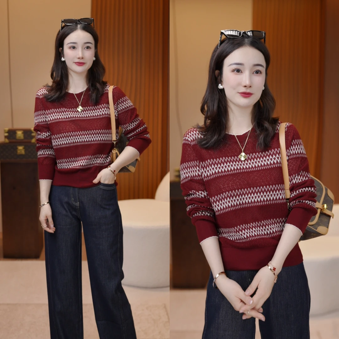 【波尔多夜色】绵羊毛定制镂空百搭针织小衫XY25382