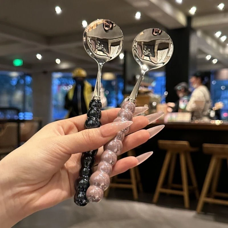 【1把装】轻奢珍珠仿陶瓷手柄不锈钢ins高级感精致小勺子吃饭汤勺