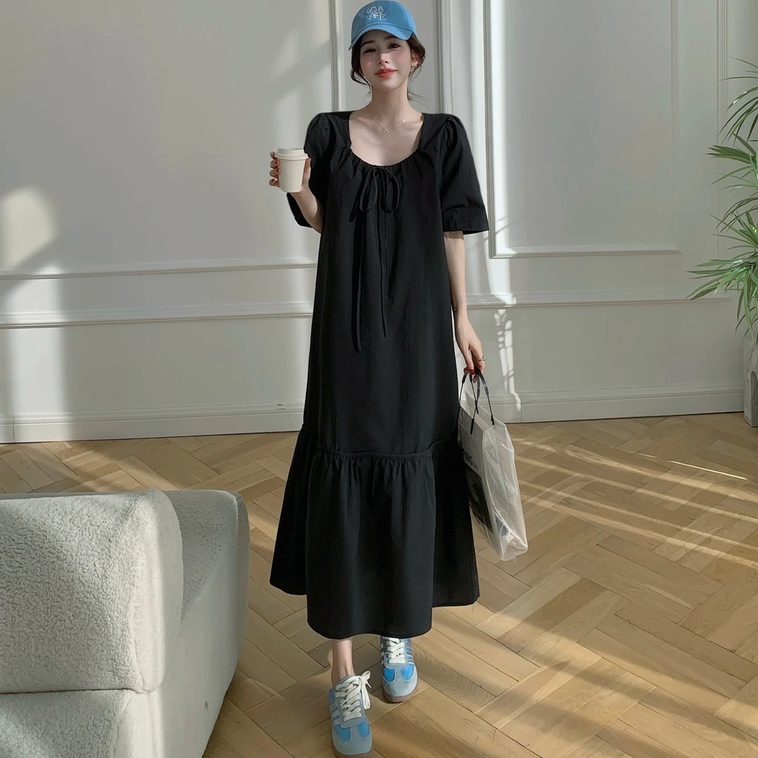 2025夏新款/抽绳正肩短袖连衣裙胖mm法式小香风显瘦裙子