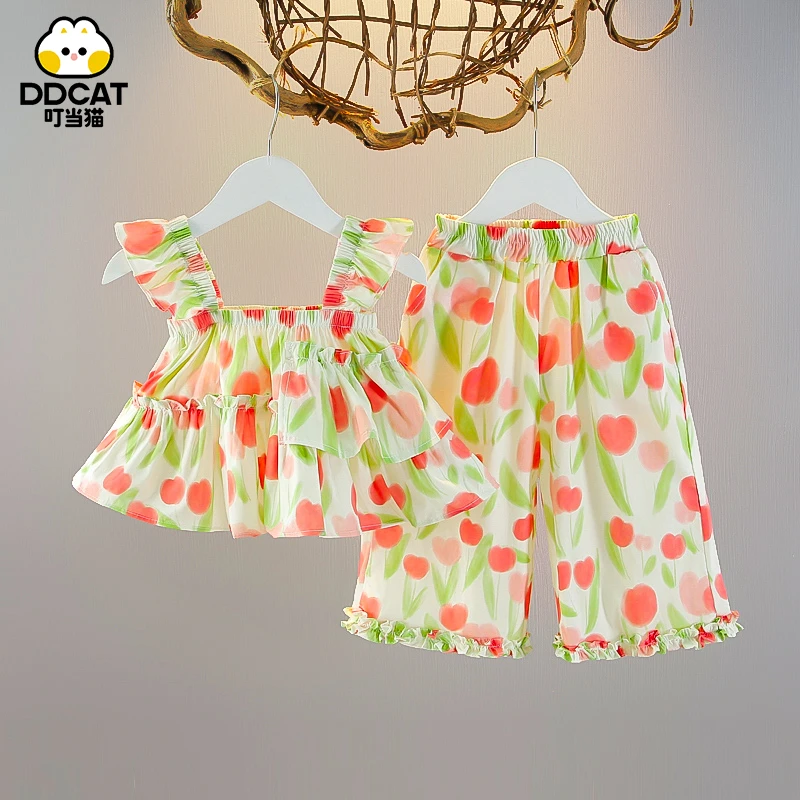 叮当猫女童套装夏季碎花薄款儿童公主夏装中小童女宝宝无袖两件套