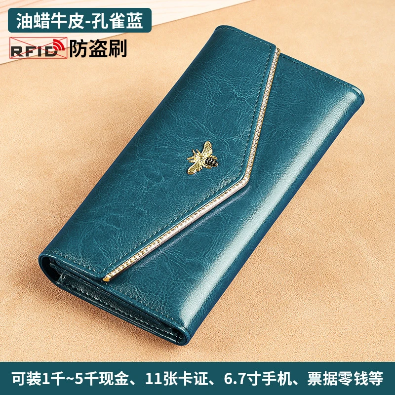 新款女士复古长款钱包油蜡牛皮真皮多功能三折大容量手机手拿包女