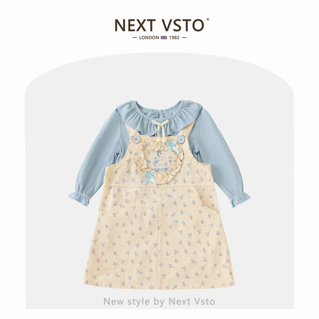 英国NEXT VSTO女童连衣裙套装春秋季洋气小女孩打底衫碎花背带裙