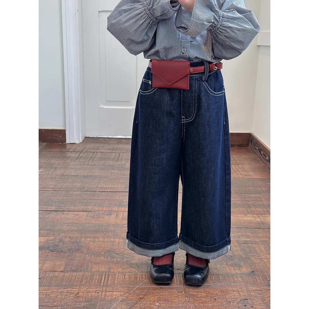 女童秋装直筒牛仔时髦卷边牛仔裤儿童宽松百搭长裤宝宝裤子