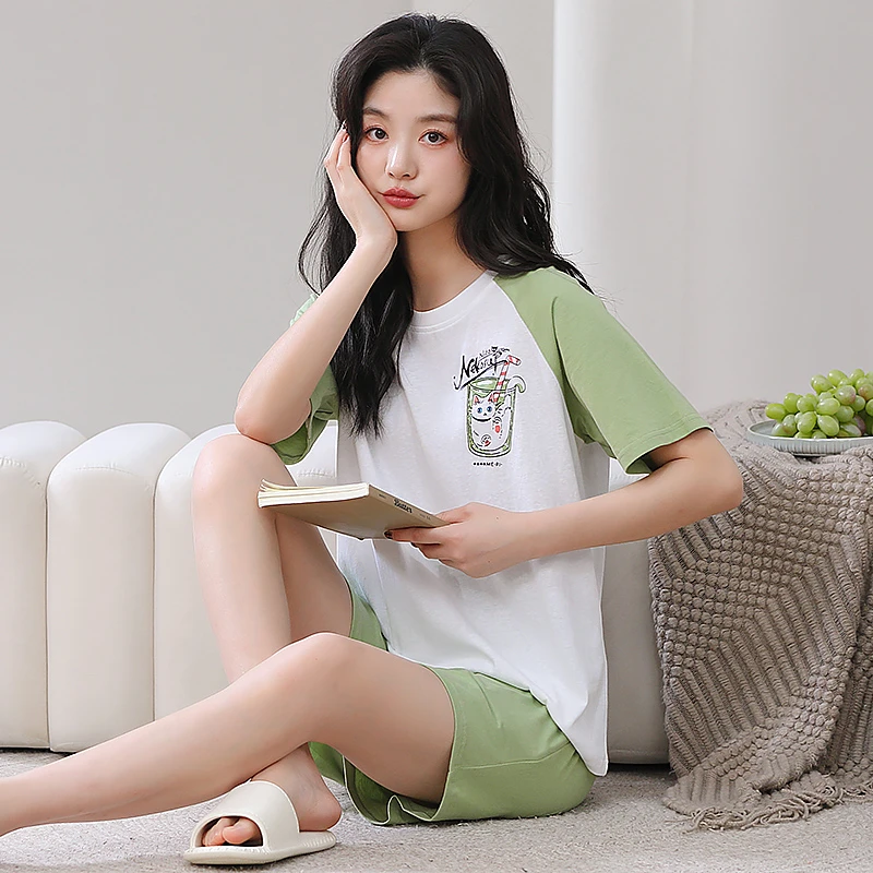 睡衣女士夏季短袖短裤100%纯棉全棉透气家居服女款套装室内外可穿