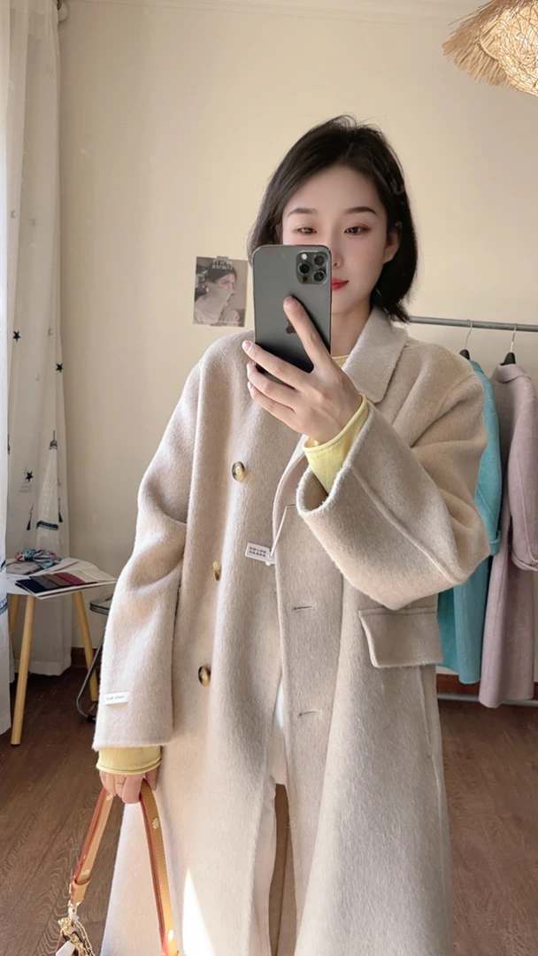 新一衣两穿娃娃领双面呢大衣气质时尚羊毛宽松中长款韩版2024外套