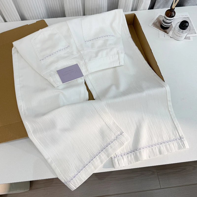 慕雪紫天丝花边刺绣九分牛仔裤女2025夏季薄款小众高腰显瘦直筒裤