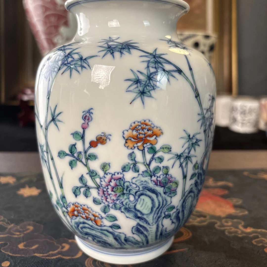 景德镇陶瓷全手工手绘豆彩系列福桶花瓶中式纯手工瓶子
