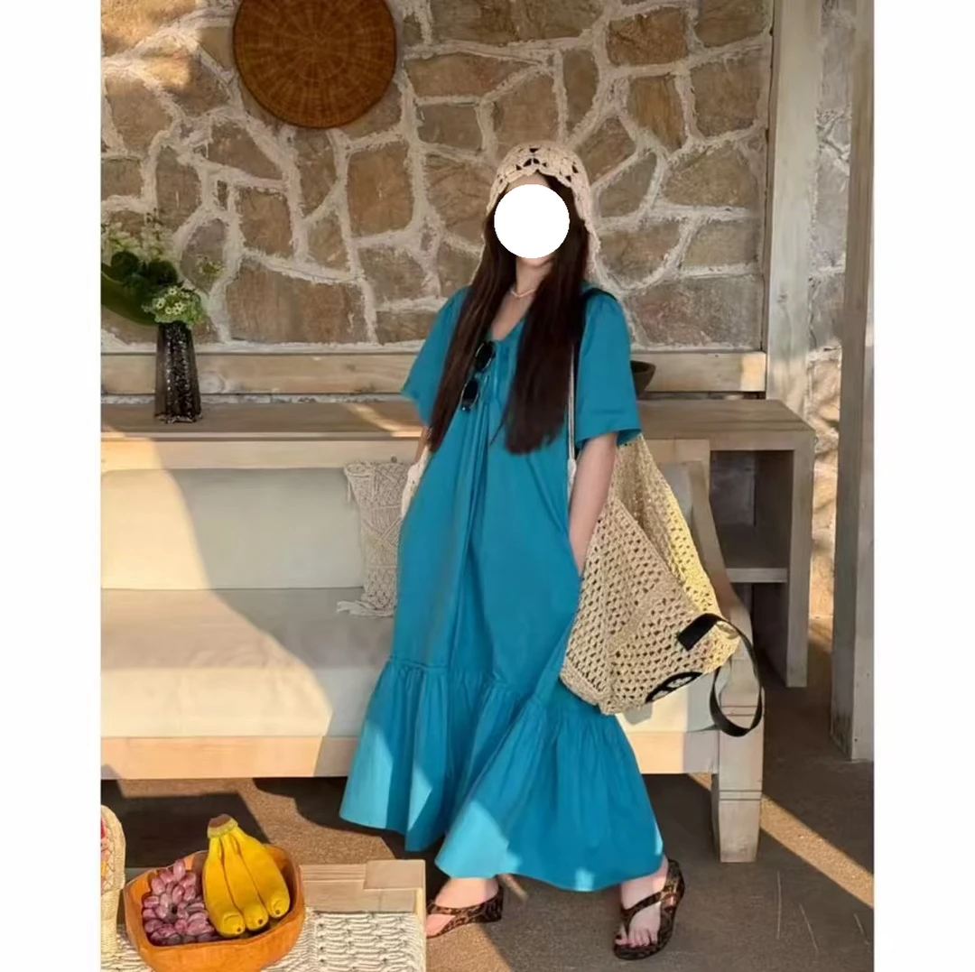 海边度假风下摆压褶抽绳小心机短袖连衣裙女夏设计感长裙