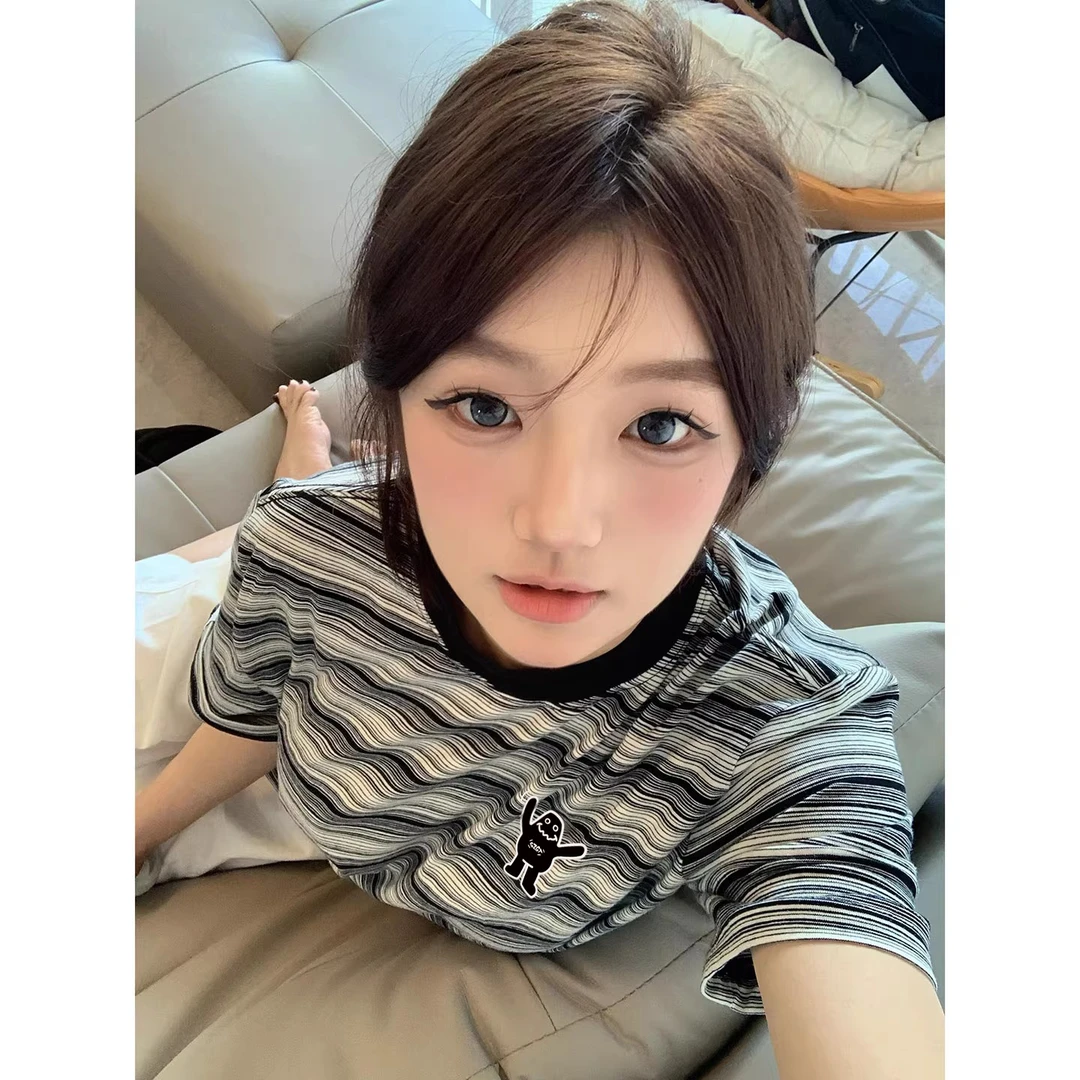 刺绣美式复古条纹短袖t恤女夏季宽松显瘦小众设计感圆领上衣半袖