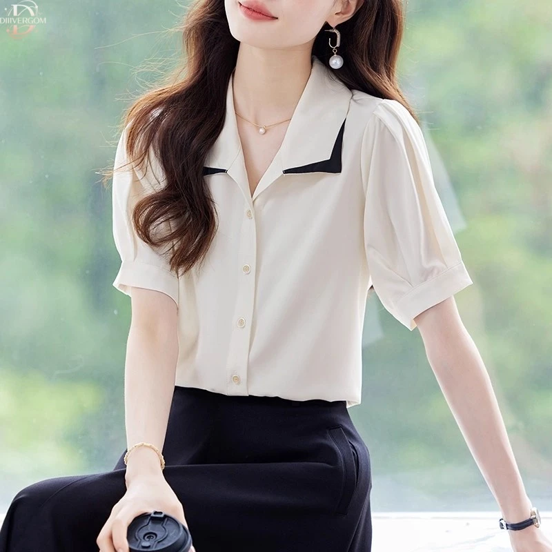 轻奢翻领短袖衬衫女2025夏季新款高级感职业装衬衣通勤雪纺衫上衣