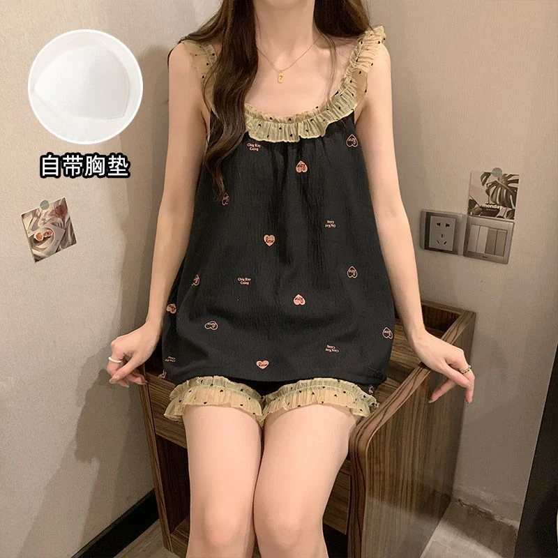 JIUVIA带胸垫睡衣女夏季吊带短裤云朵棉甜美韩版暗黑风薄款家居