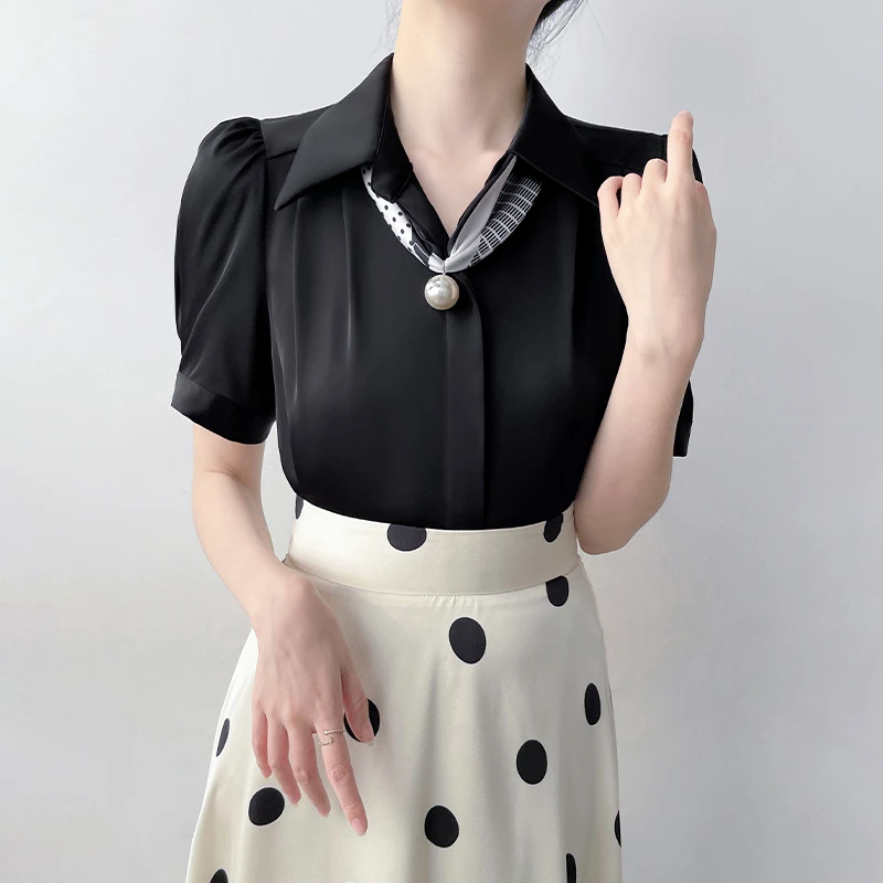 Q617黑色短袖衬衫女夏季新款职业通勤风缎面衬衣百搭气质显瘦上衣