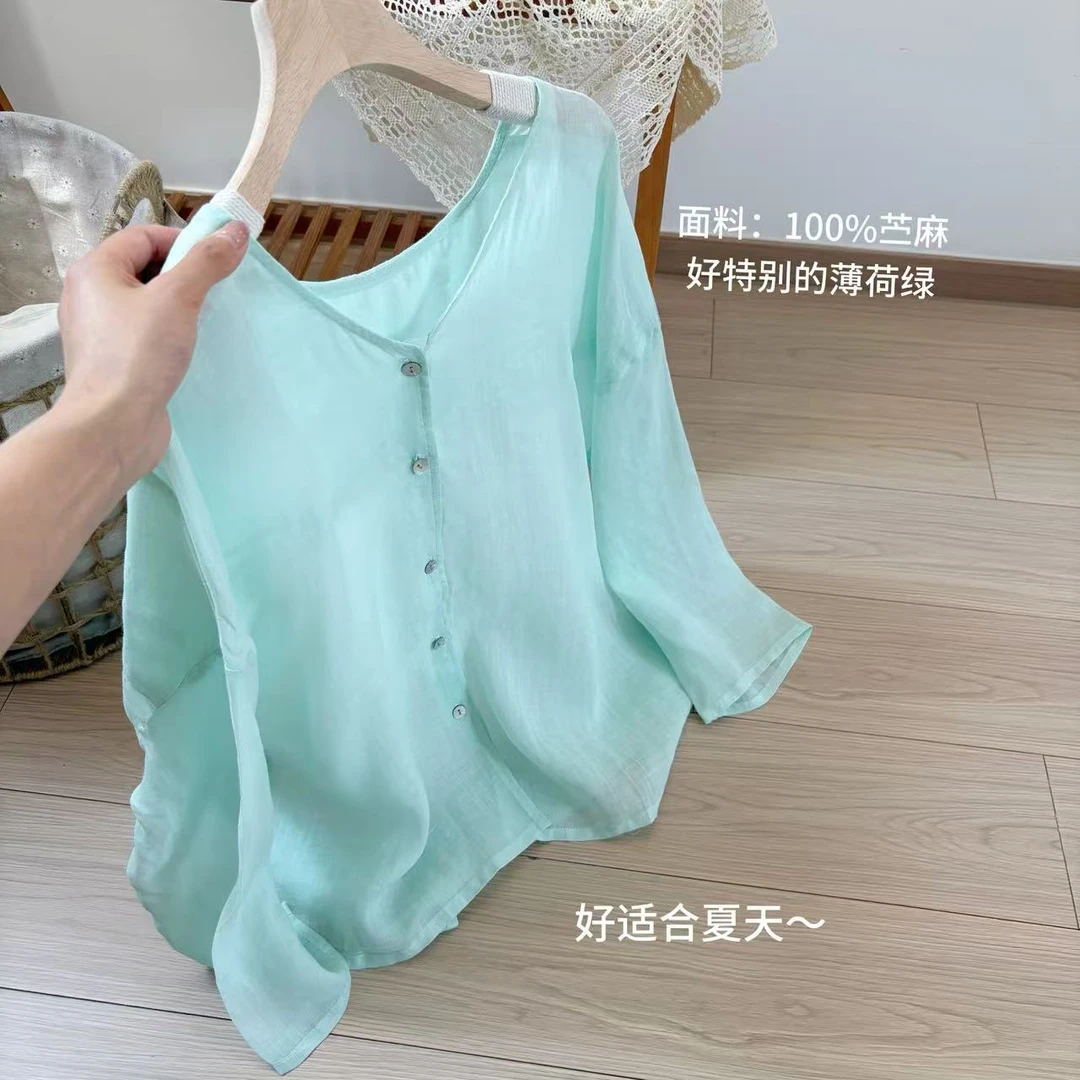 小柒家A0032-复古苎麻衬衫女苎麻衬衣夏季宽松显瘦上衣气质小衫