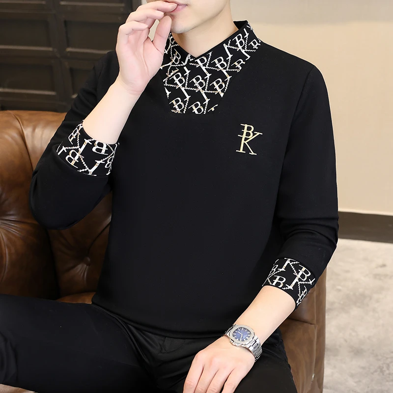 2025秋冬新款假两件男士打底衫长袖上衣保暖潮流时尚百搭休闲卫衣