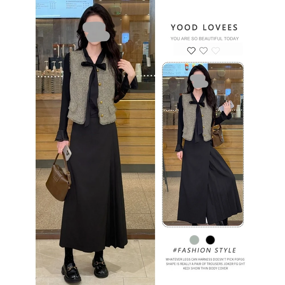 春秋新款时尚气质百搭马甲 蝴蝶结飘带上衣 高腰显瘦裙裤三件套女